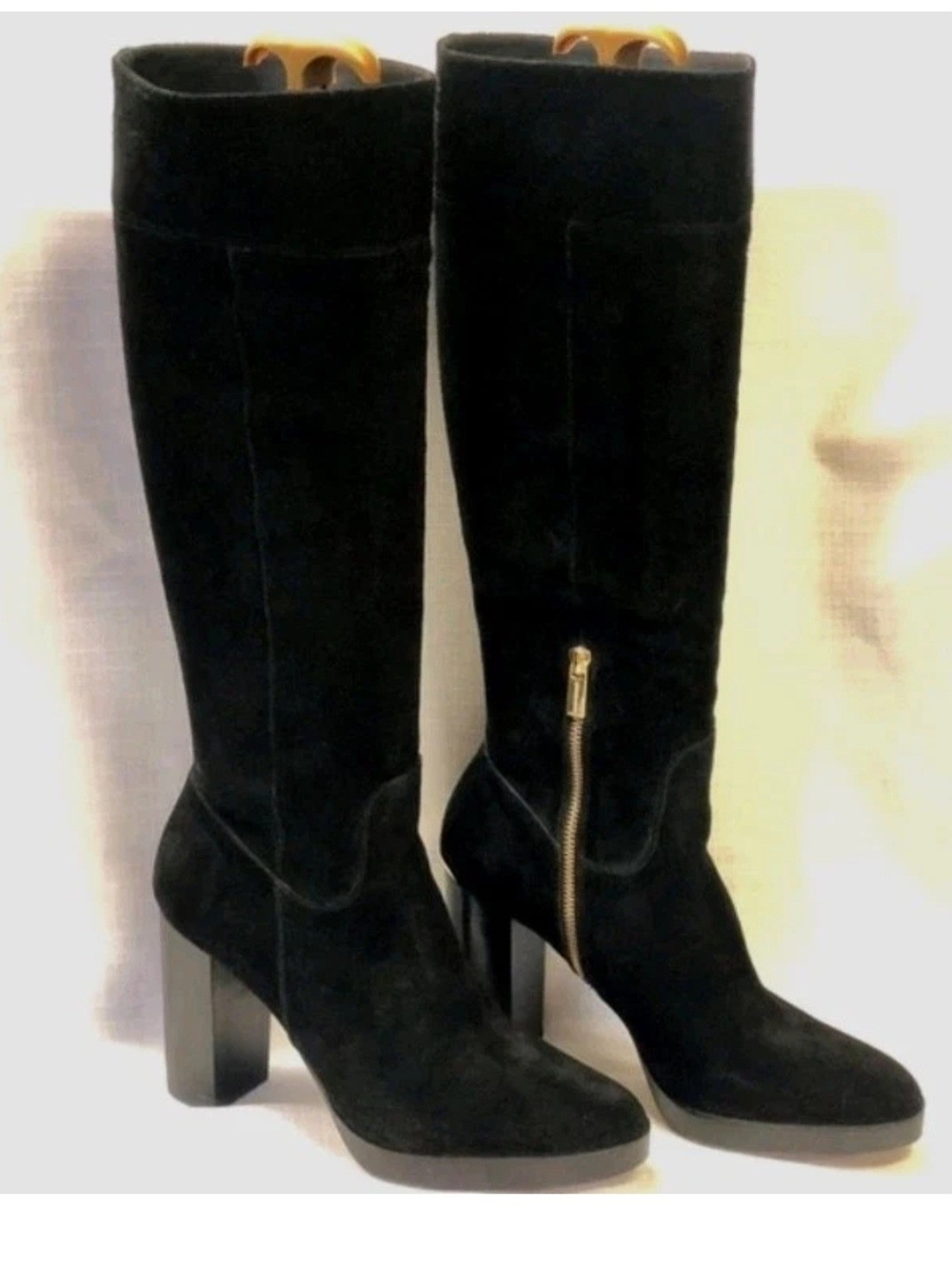 Michael Kors Black Suede Knee-High Block Heel Boots with Gold Zip Detail